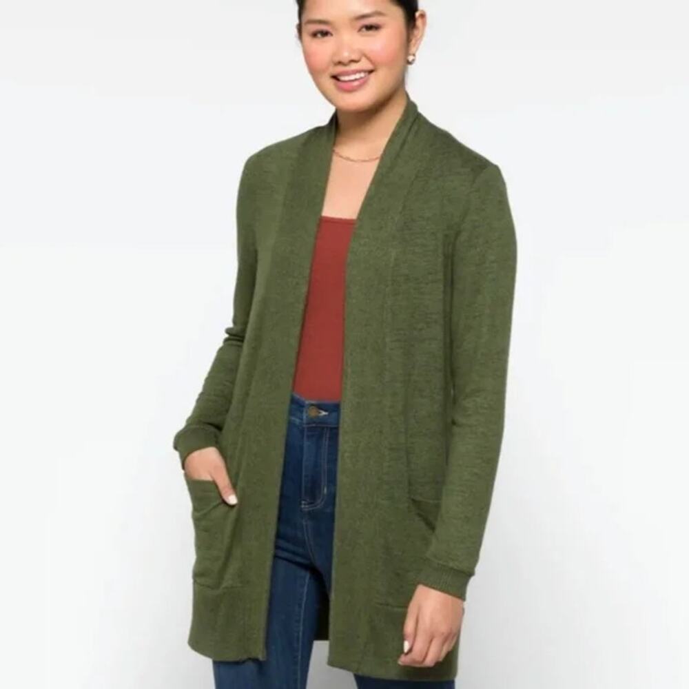 Bobeau Women's Green Pocket‎ Open Cardigan Sweater Size PXS